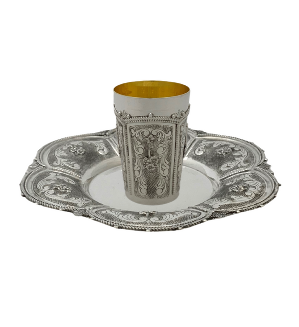 FINE 925 STERLING SILVER HANDMADE FLORAL ORNATE APPLIQUE CHASED CUP & TRAY