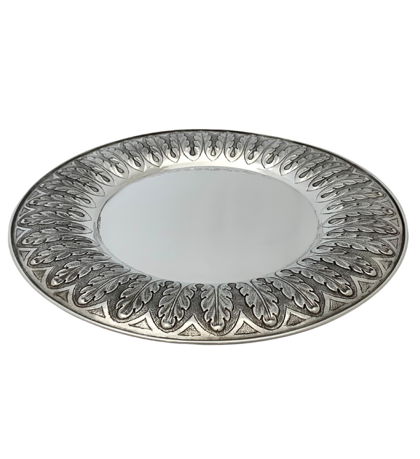 FINE ITALIAN 925 STERLING SILVER HANDMADE LEAF APPLIQUE MATTE & SHINY ROUND TRAY