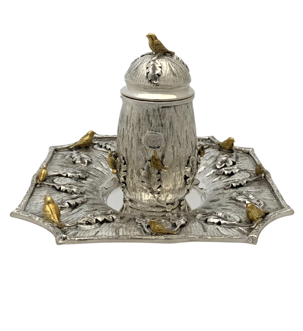 925 STERLING SILVER & GILDED HANDMADE MULTI BIRD & LEAF APPLIQUE TREE CUP & TRAY