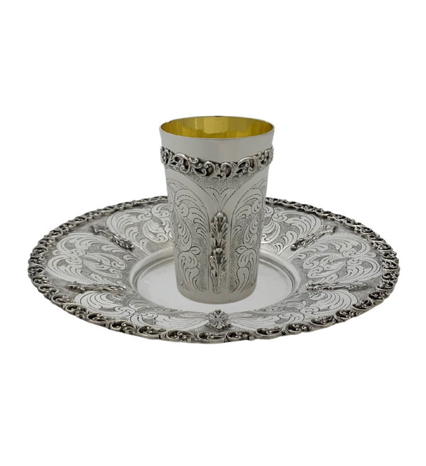 FINE 925 STERLING SILVER HANDMADE LEAF APPLIQUE CHASED SWIRL ORNATE CUP & TRAY