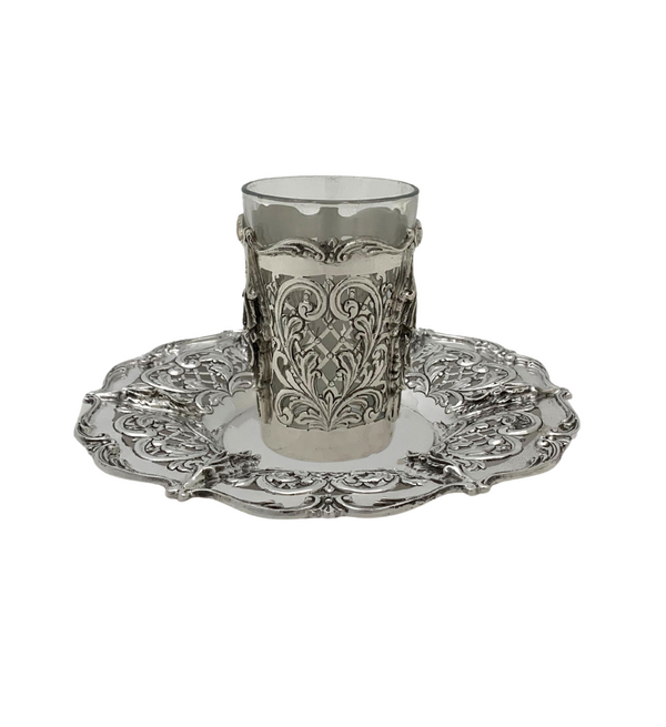 925 STERLING SILVER & GLASS INSERT HANDMADE LEAF CHASED FLUTED ORNATE CUP & TRAY