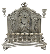 FINE 925 STERLING SILVER HANDMADE CHASED SWIRL LEAF CROWN BACKWALL MENORAH