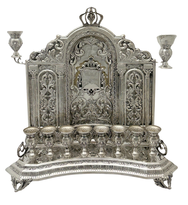 FINE 925 STERLING SILVER HANDMADE CHASED SWIRL LEAF CROWN BACKWALL MENORAH