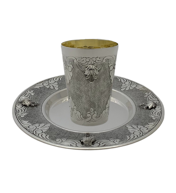 FINE 925 STERLING SILVER HANDMADE LEAF APPLIQUE CHASED MATTE &  SHINY CUP & TRAY