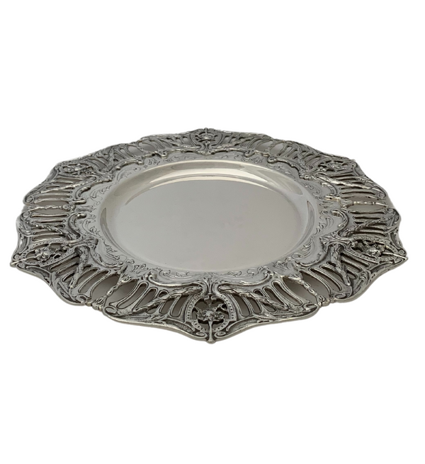 FINE 925 STERLING SILVER HANDMADE CHASED OPEN FILIGREE FLORAL BORDER ROUND TRAY