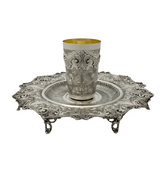 FINE 925 STERLING SILVER HANDMADE LEAF APPLIQUE ORNATE SWIRL CHASED CUP & TRAY