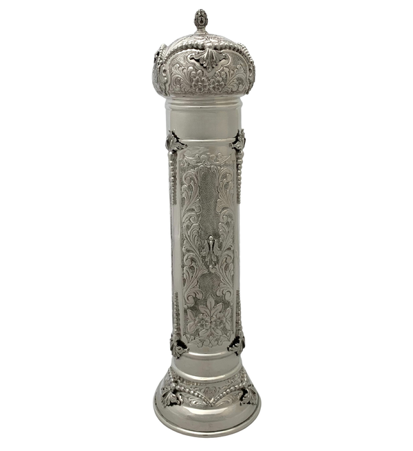 ITALIAN 925 STERLING SILVER HANDMADE FLORAL CHASED LEAF APPLIQUE MEGILLAH HOLDER