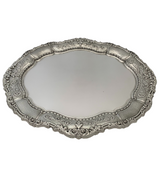 FINE LARGE 925 STERLING SILVER HANDMADE LEAF APPLIQUE CHASED OVAL SERVING TRAY