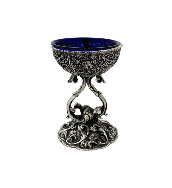 ITALY 925 STERLING SILVER & BLUE GLASS HANDMADE BAROCCO LACE ORNATE SALT HOLDER