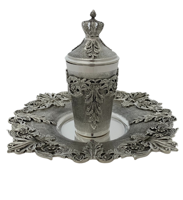 FINE 925 STERLING SILVER HANDMADE FLORAL LEAF ORNATE APPLIQUE CUP & TRAY & COVER