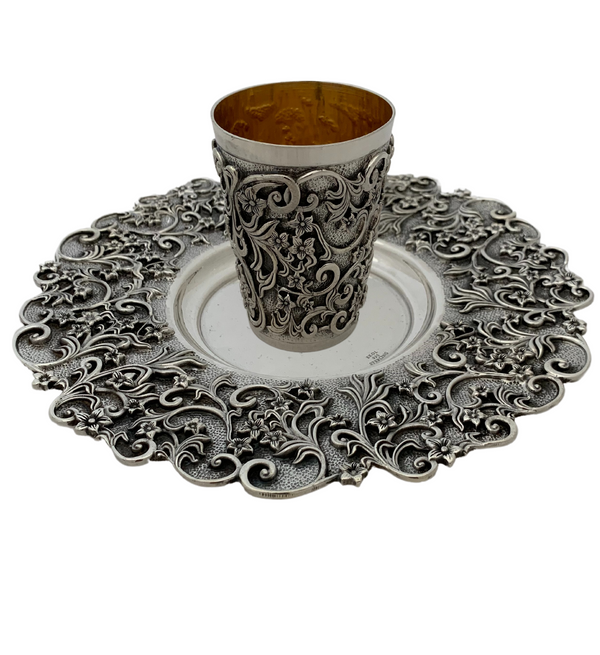 FINE 925 STERLING SILVER HANDMADE ELEGANT FLORAL & LEAF CASTED MATTE CUP & TRAY