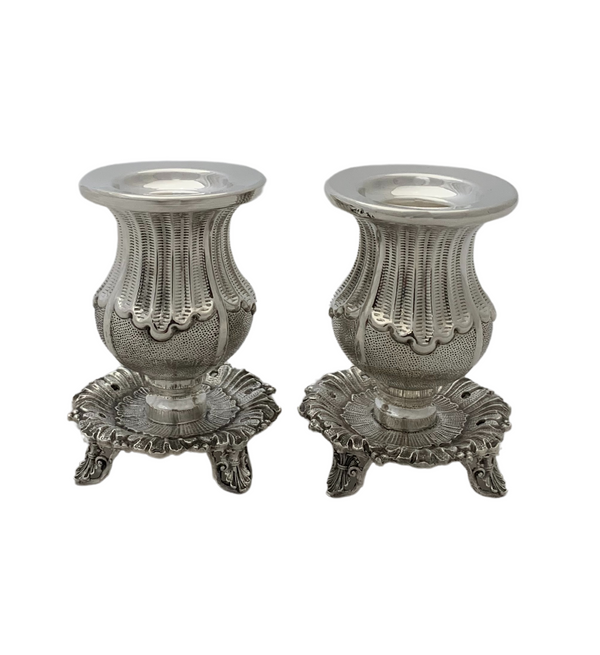 FINE SMALL 925 STERLING SILVER HANDMADE ORNATE MATTE & SHINY CANDLESTICKS