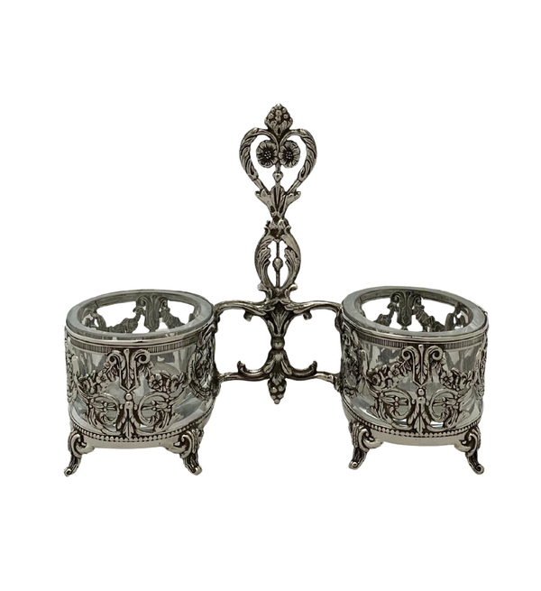 TOPAZIO 925 STERLING SILVER HANDMADE FLORAL ORNATE APPLIQUE DOUBLE SALT HOLDER