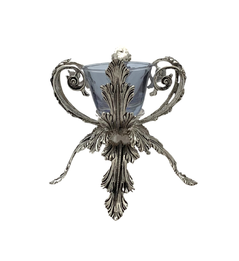 ITALY 925 STERLING SILVER & BLUE GLASS HANDMADE LEAF APPLIQUE SINGLE SALT HOLDER