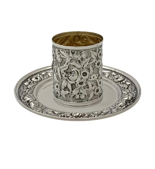 ANTIQUE STIEFF & WELSH & BRO 925 STERLING SILVER HANDMADE REPOUSSE CUP & TRAY