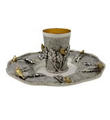 925 STERLING SILVER & GILDED HANDMADE MULTI BIRD & LEAF APPLIQUE TREE CUP & TRAY