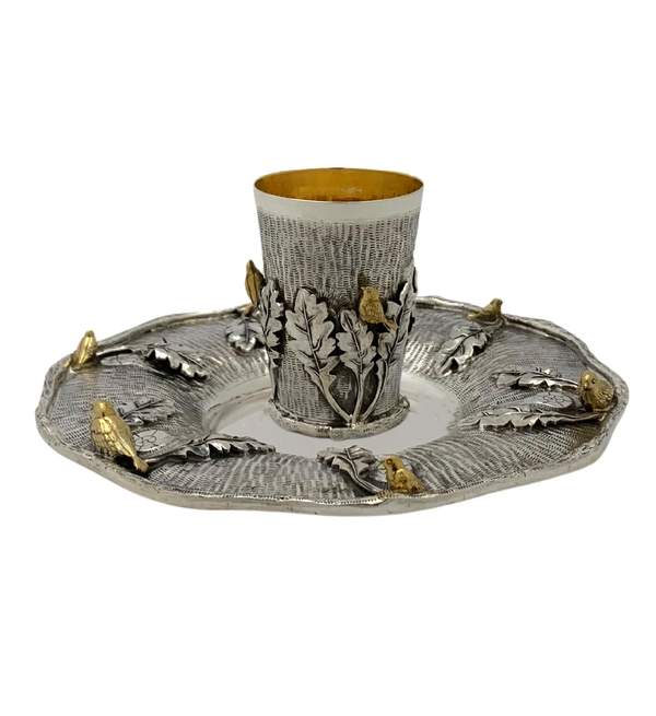 925 STERLING SILVER & GILDED HANDMADE MULTI BIRD & LEAF APPLIQUE TREE CUP & TRAY