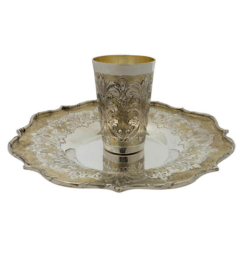 ITALIAN 925 STERLING SILVER & GILDED HANDMADE CHASED FLORAL ORNATE CUP & TRAY