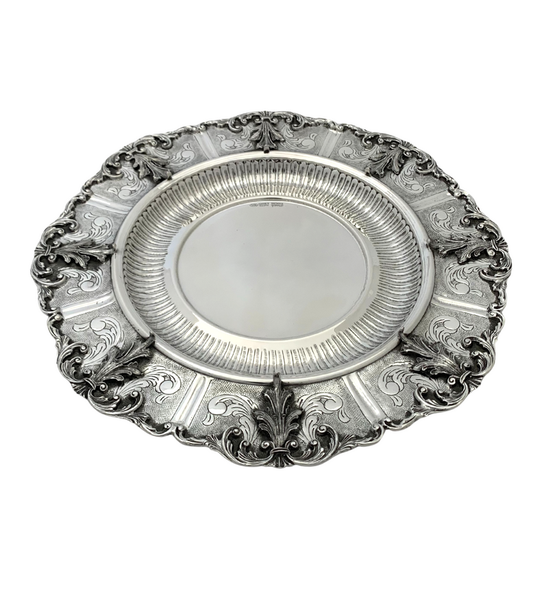 925 STERLING SILVER HANDMADE CHASED LEAF APPLIQUE ORNATE MATTE SHINY ROUND TRAY