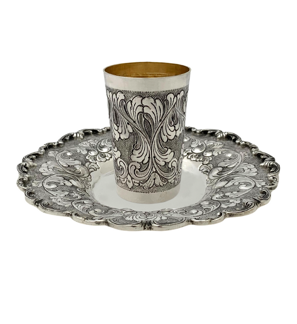 ITALIAN 925 STERLING SILVER HANDMADE CHASED SWIRL ORNATE MATTE SHINY CUP & TRAY