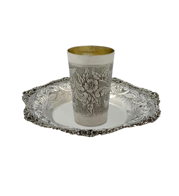 ITALIAN 925 STERLING SILVER HANDMADE MULTI FLORAL ORNATE MATTE SHINY CUP & TRAY