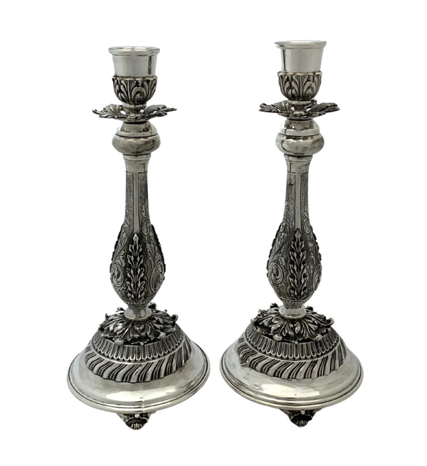 FINE ITALIAN 925 STERLING SILVER HANDMADE LEAF CHASED ORNATE SWIRL CANDLESTICKS