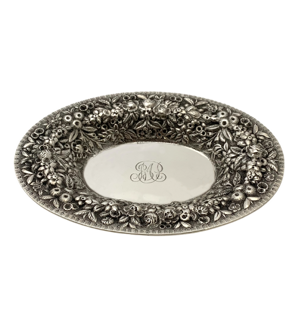 ANTIQUE S. KIRK & SON 925 STERLING SILVER REPOUSSE FLORAL MONOGRAMMED OVAL TRAY