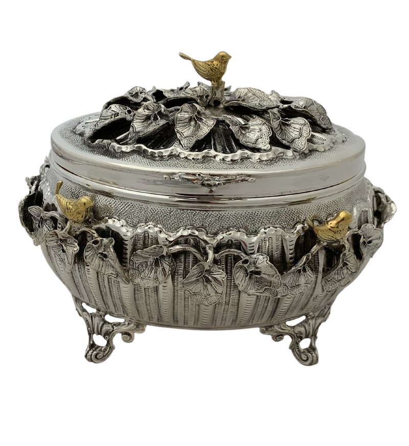 FINE 925 STERLING SILVER & GILDED HANDMADE BIRD LEAF ORNATE APPLIQUE ESROG BOX