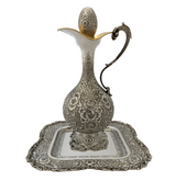 ITALY 925 STERLING SILVER HANDMADE FLORAL LEAF ORNATE CHASED WINE BOTTLE & TRAY