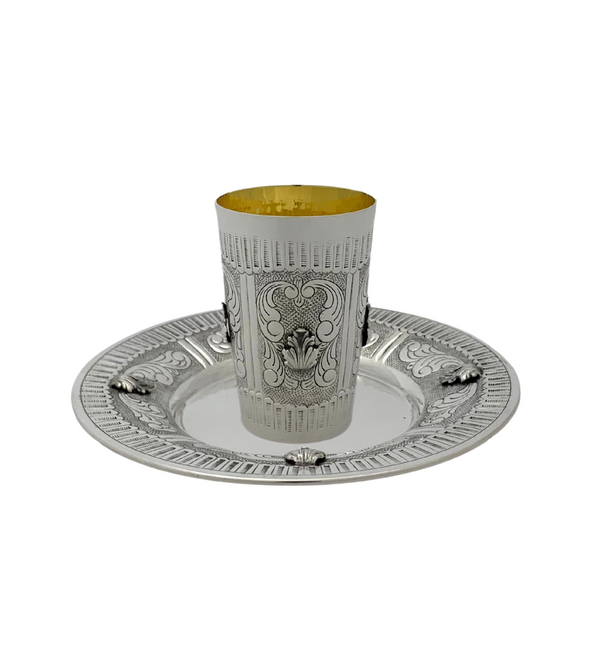 925 STERLING SILVER HANDMADE LEAF APPLIQUE CHASED SWIRL MATTE SHINY CUP & TRAY