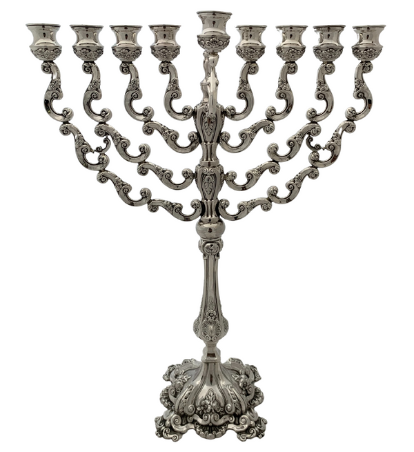FINE 925 STERLING SILVER HANDMADE FLORAL ROSE SHELL ORNATE HANUKAH MENORAH