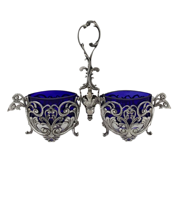 FINE 925 STERLING SILVER & GLASS HANDMADE LEAF SWIRL ORNATE DOUBLE SALT HOLDER