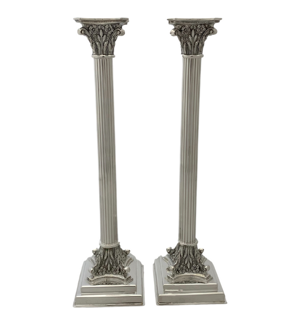 FINE TALL ITALIAN 925 STERLING SILVER HANDMADE FLORAL ORNATE COLUMN CANDLESTICKS