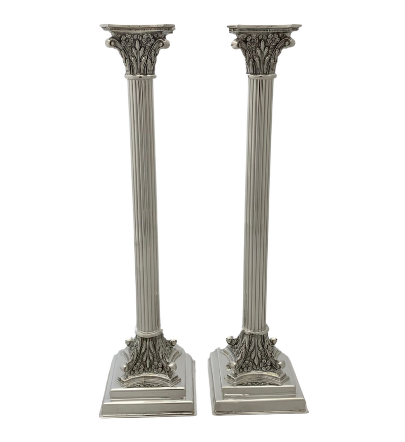 FINE TALL ITALIAN 925 STERLING SILVER HANDMADE FLORAL ORNATE COLUMN CANDLESTICKS