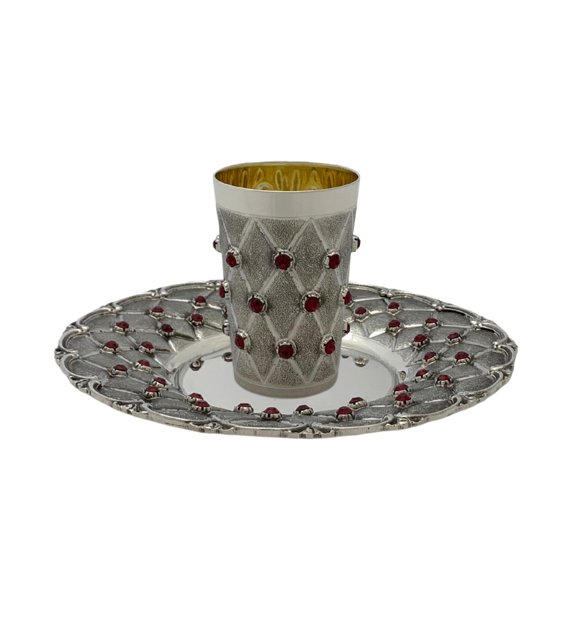 FINE 925 STERLING SILVER & RED STONES HANDMADE UNIQUE MATTE & SHINY CUP & TRAY