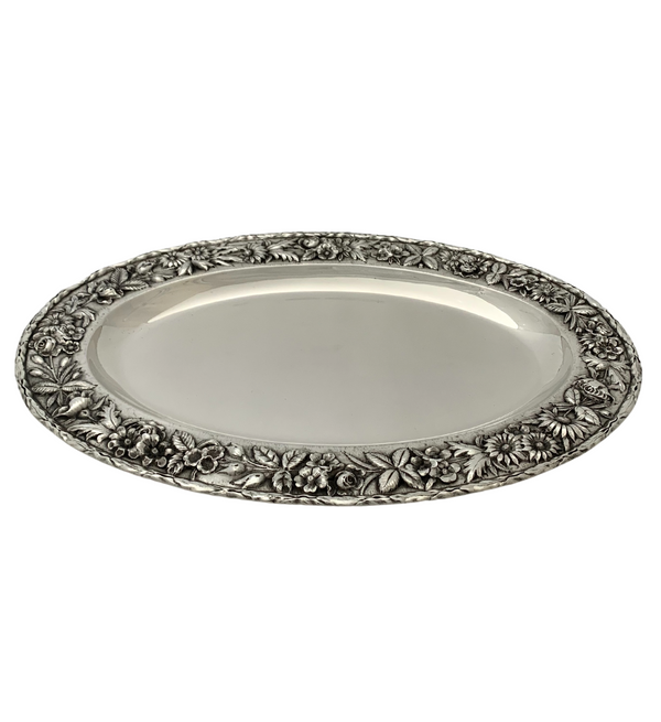 ANTIQUE S. KIRK & SON CO 925 STERLING SILVER HANDMADE REPOUSSE FLORAL OVAL TRAY