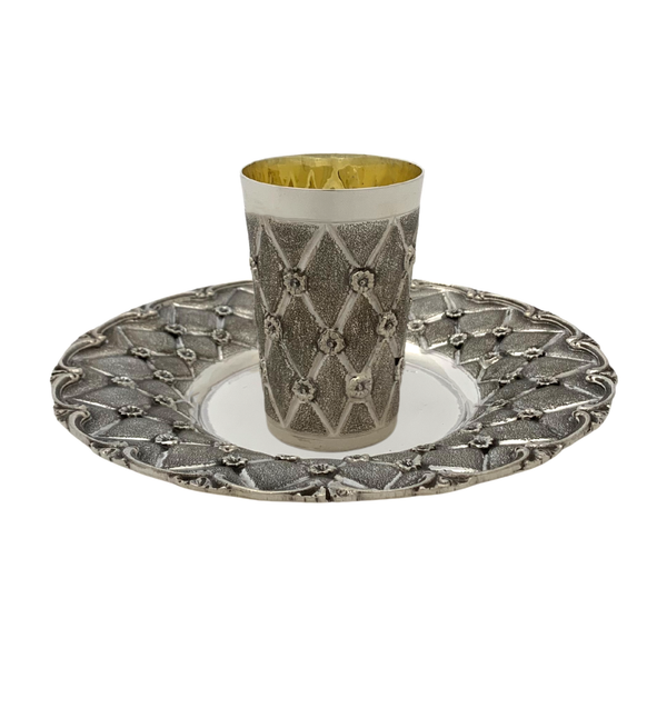 FINE 925 STERLING SILVER HANDMADE MULTI FLORAL ORNATE MATTE & SHINY CUP & TRAY