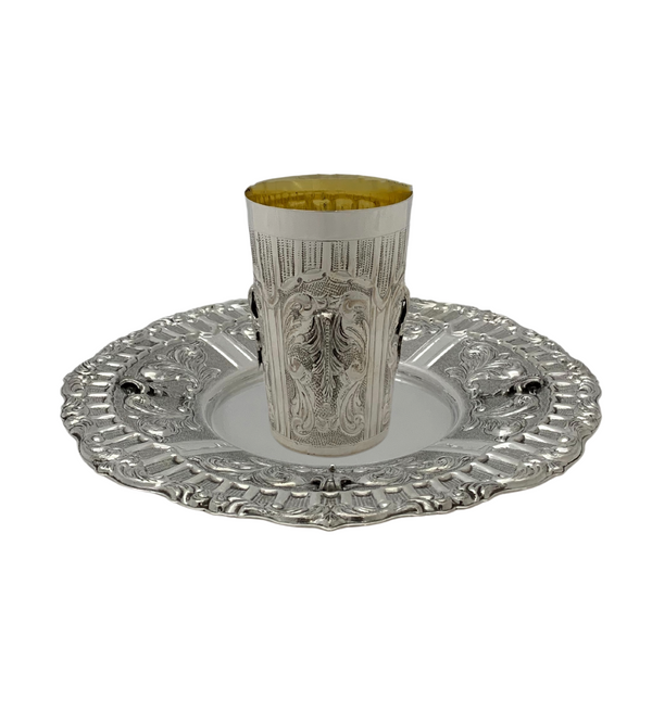 925 STERLING SILVER HANDMADE LEAF APPLIQUE CHASED ORNATE MATTE SHINY CUP & TRAY