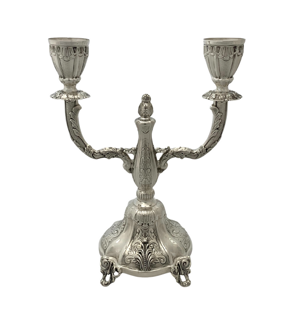 FINE 925 STERLING SILVER HANDMADE LEAF APPLIQUE CHASED ORNATE 2 LIGHT CANDELABRA