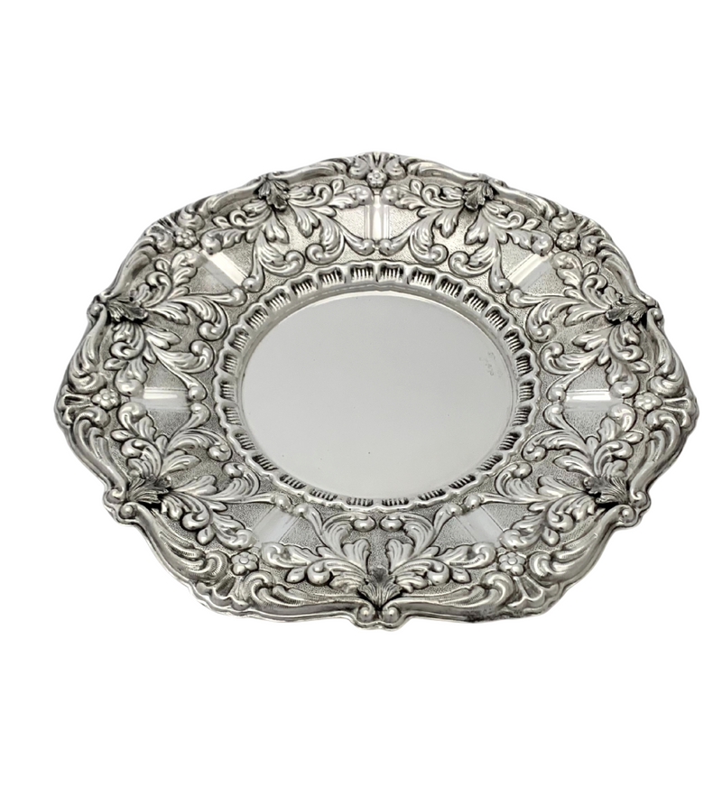 925 STERLING SILVER HANDMADE CHASED SWIRL LEAF APPLIQUES MATTE SHINY ROUND TRAY