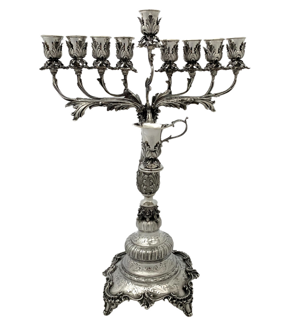 FINE ITALIAN 925 STERLING SILVER HANDMADE ORNATE CHASED LEAF APPLIQUE MENORAH