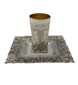 FINE ITALIAN 925 STERLING SILVER HANDMADE CHASED SWIRL ORNATE SQUARE CUP & TRAY