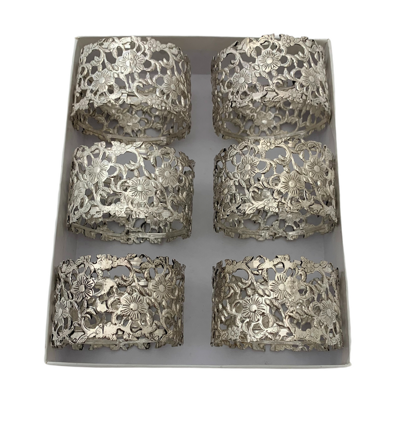 ITALIAN 925 STERLING SILVER HANDMADE FLORAL OPEN LACE NAPKIN RINGS (SET OF 6)