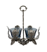 FINE ITALIAN 925 STERLING SILVER & BLUE CRYSTAL LEAF APPLIQUE DOUBLE SALT HOLDER