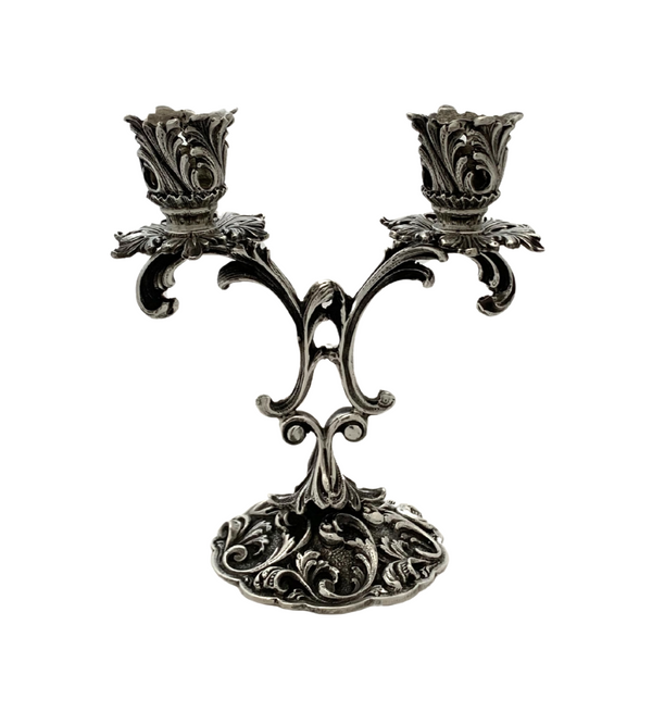 FINE ITALIAN 925 STERLING SILVER HANDMADE LEAF APPLIQUE OIL 2 LIGHT CANDELABRA