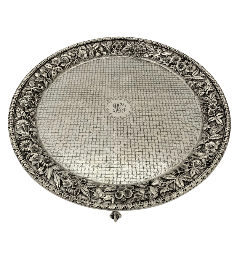 ANTIQUE S. KIRK & SON 925 STERLING SILVER HANDMADE ORNATE FLORAL ROUND TRAY