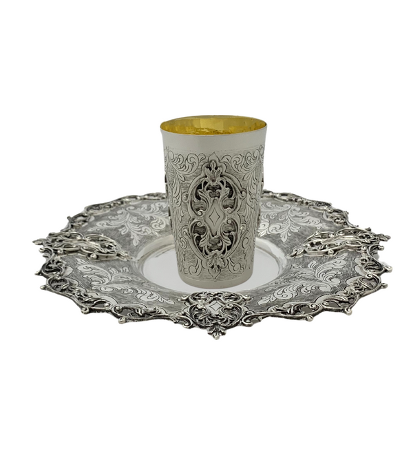 FINE 925 STERLING SILVER HANDMADE STRIATED LEAF APPLIQUE SWIRL ORNATE CUP & TRAY