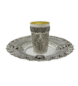 FINE 925 STERLING SILVER HANDMADE LEAF APPLIQUE ORNATE MATTE SHINY CUP & TRAY