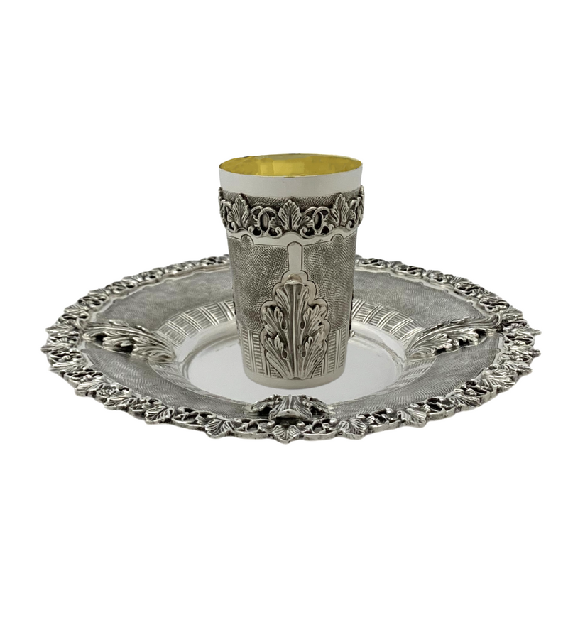FINE 925 STERLING SILVER HANDMADE LEAF APPLIQUE ORNATE MATTE SHINY CUP & TRAY