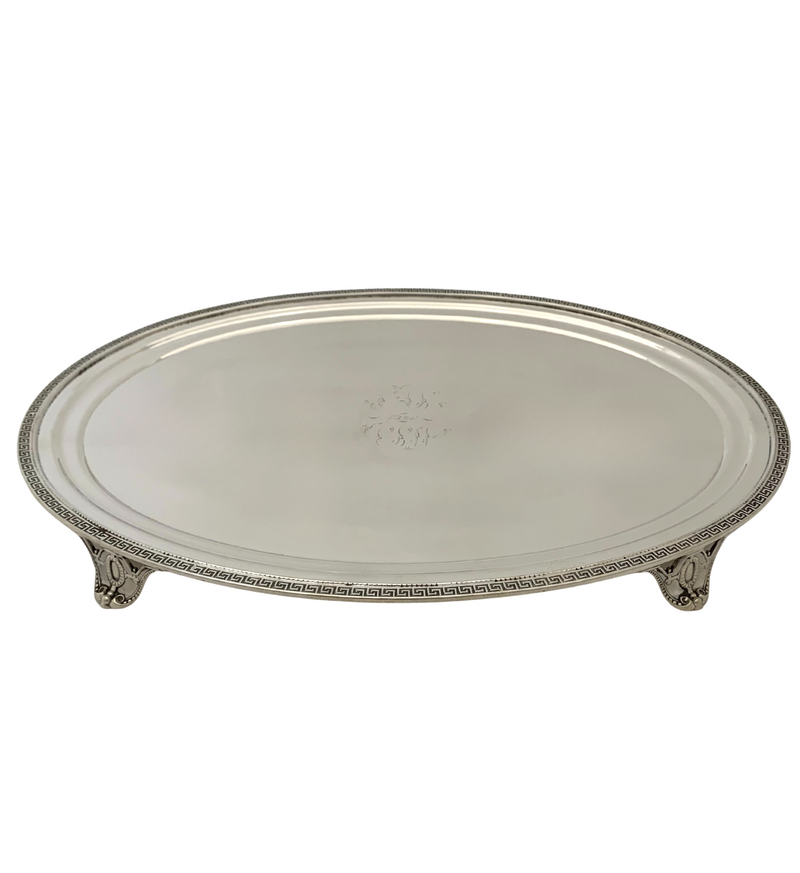 ANTIQUE TIFFANY & CO. 925 STERLING SILVER HANDMADE GREEK KEY OVAL FOOTED TRAY